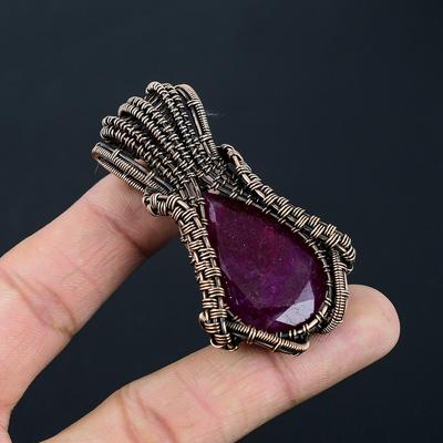 Gorgeous Kashmiri Red Ruby Lab-Created Gemstone Handmade Copper Wire Wrap Jewelry Pendant