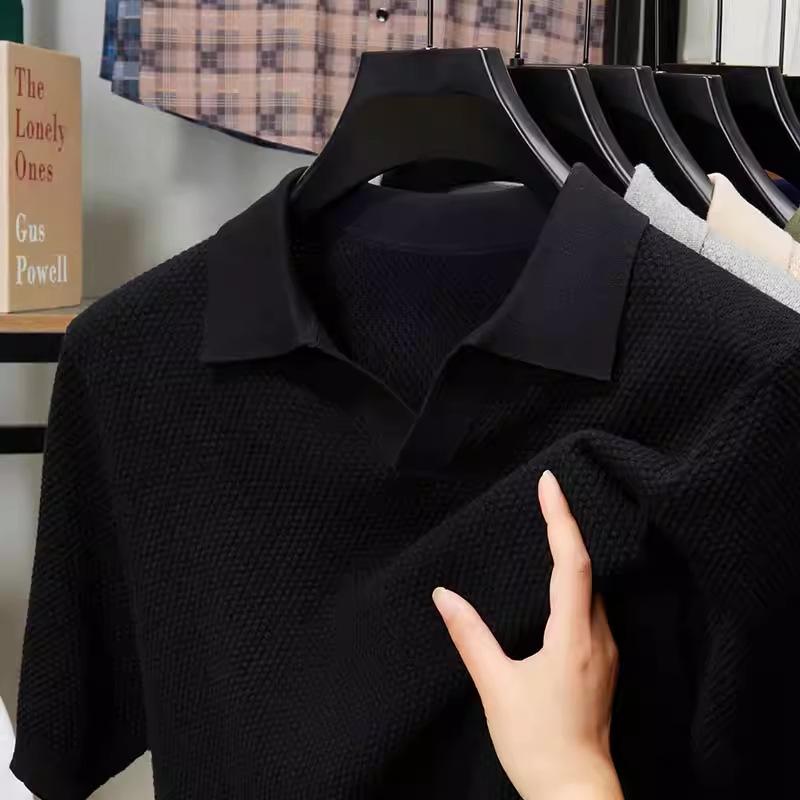 Men Short Sleeve Knit Polo Shirt Honeycomb Texture Casual V-Neck Top