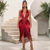 Fringe Dress Halter Backless Asymmetrical Party Gown Tassel Midi Dress