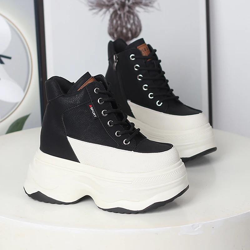 Fashion 12CM British Genuine Leather Ladies Platform Wedge Ankle Winter Plush Booties Autumn Spring High Brand Women Cowboy Shoes