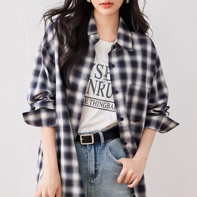 Damski top w kratę vintage z długim rękawem i swobodnym luźnym wzorem