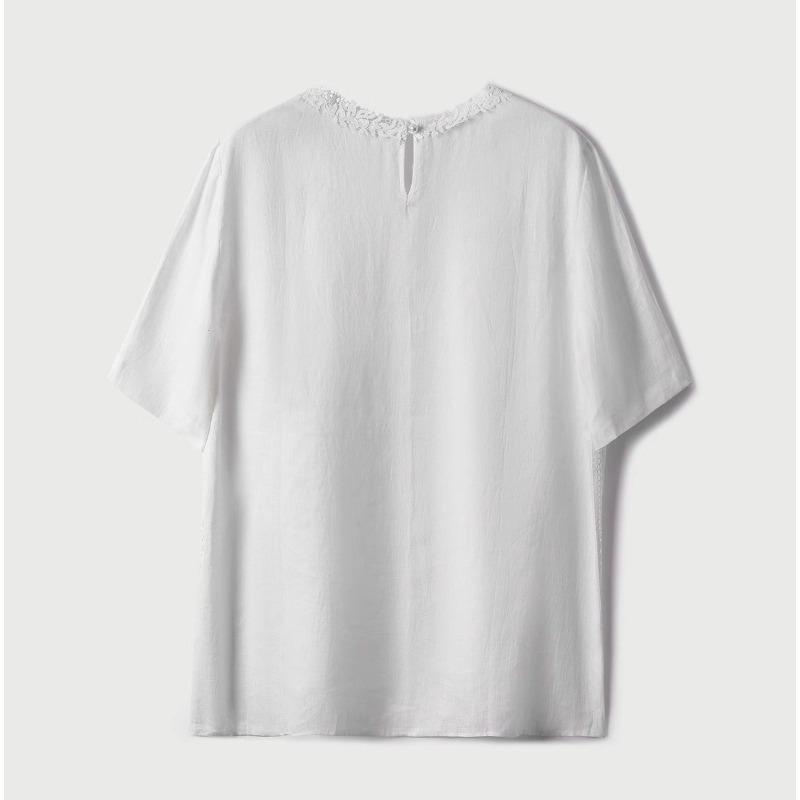 Women Elegant Loose Short Sleeve Round Neck Lace Patchwork Solid Blouse