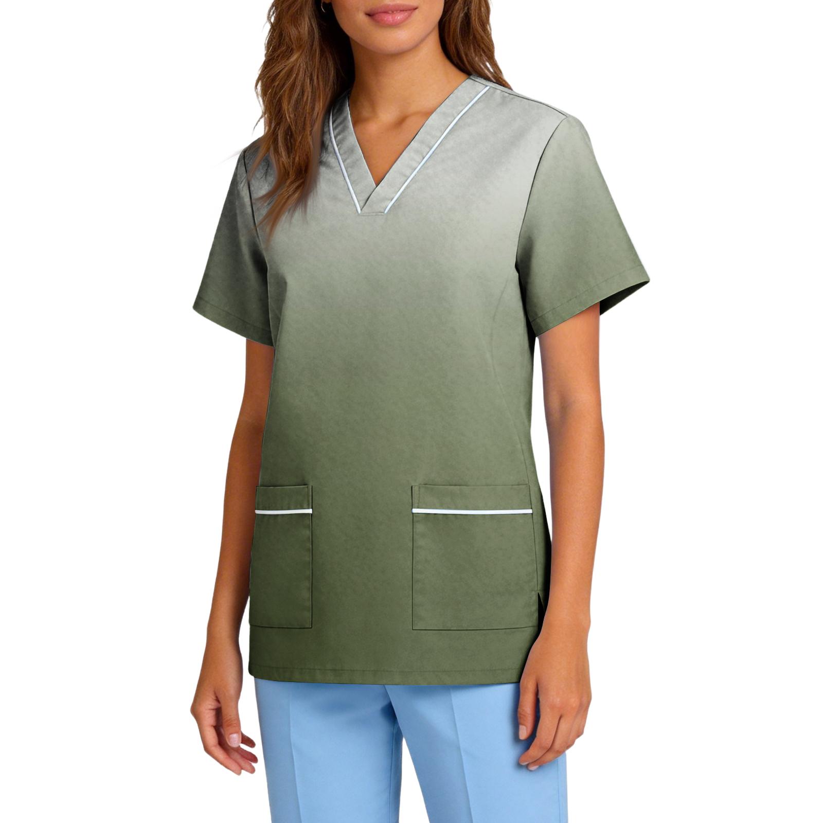 

Women s Stretch Quick-Dry V-Neck Short Sleeve Workwear Top with Gradient Print & Pockets L армия зеленый