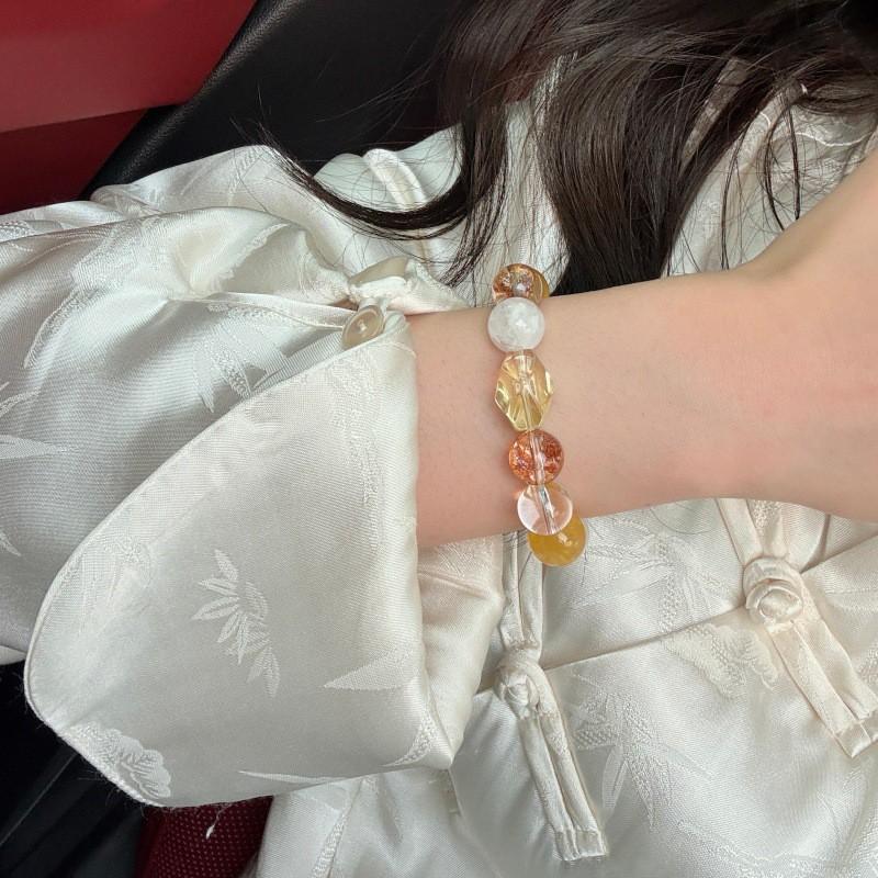 Handmade French Style Bracelet Women With Natural Yellow Fluorite Gold Foil Resin Flower Lemon Quartz Beads 12mm