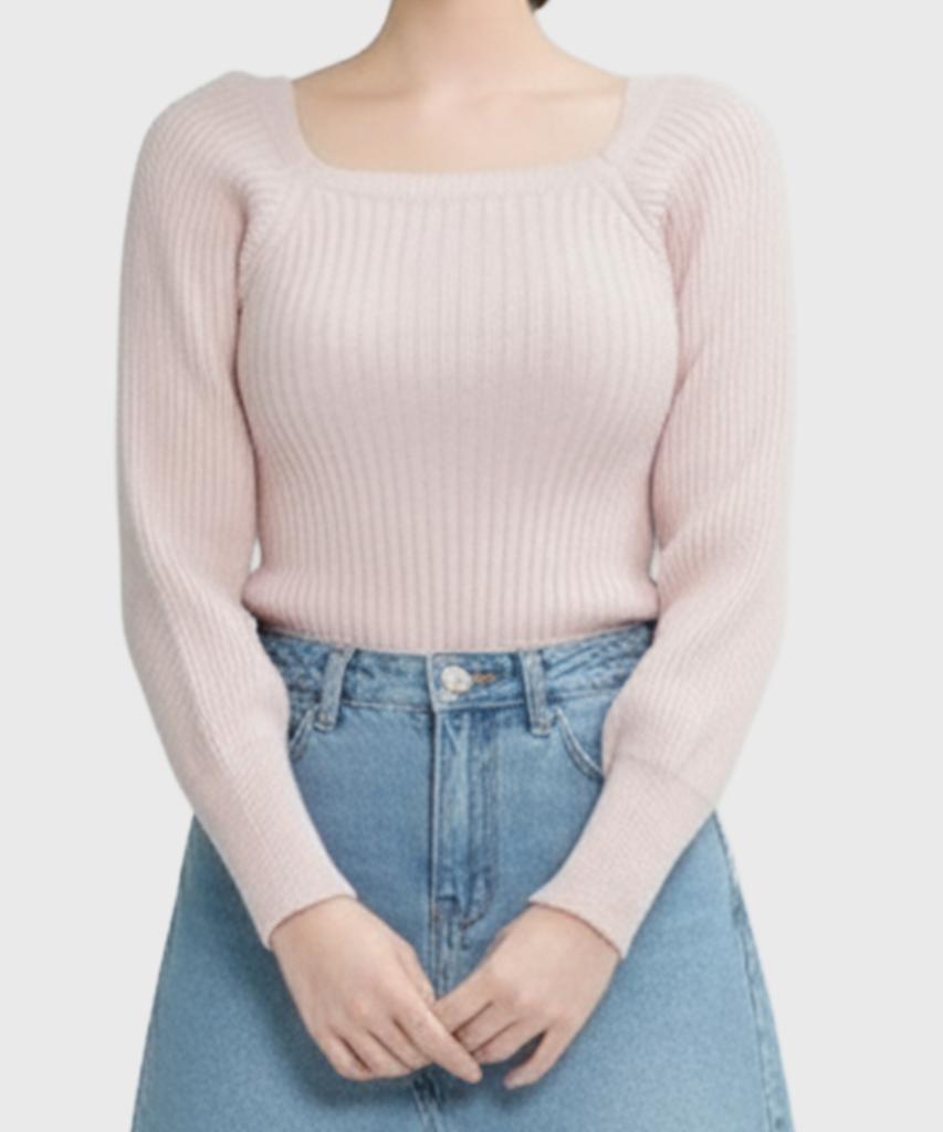 Keulleiseu Stephanie Ribbed Square Neck Puff Sleeve Knit_Ivory
