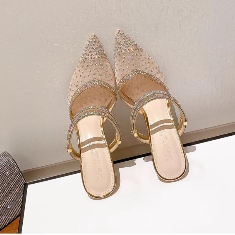 Ladies Shoes Thin Heels Pointed Toe Women's Half Sandals Sexy Rhinestones Wholesale Comfortable and Elegant on Offer Designer