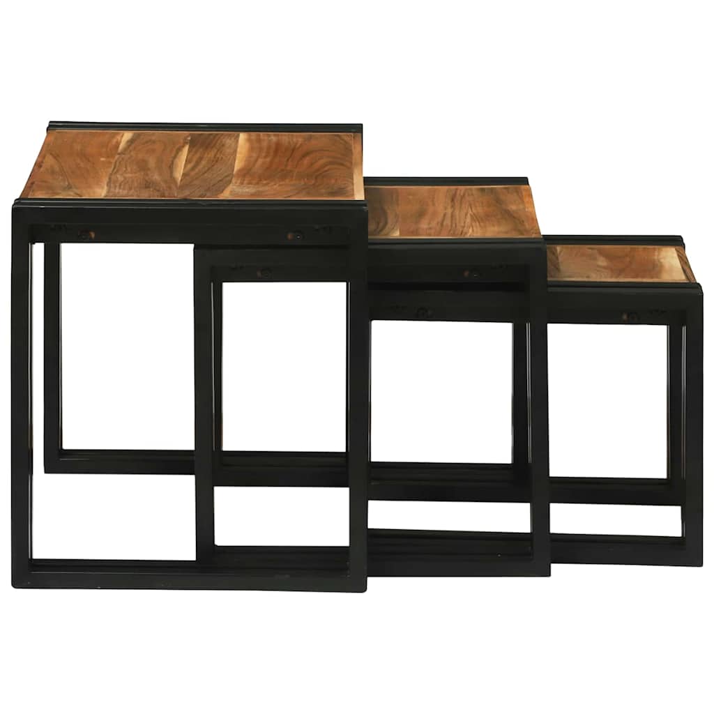 Nesting Table Set 3 Pcs Solid Acacia Wood and Metal