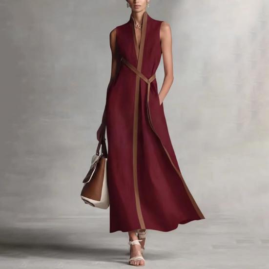 Sommer ärmelloses Kleid für Damen, lässig, Stehkragen, V-Ausschnitt, Maxikleid, fließend