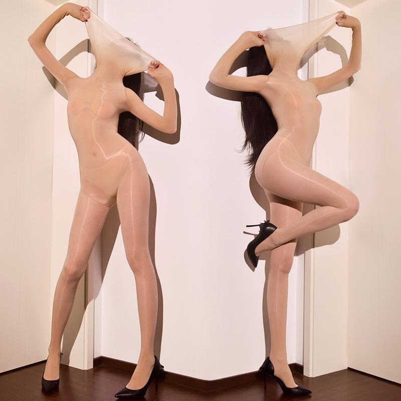 Womens Sexy Lingerie Jumpsuit Seamless Oil Shiny Glossy Stockings High Fork 5d All-Inclusive Tights High Neck Bodystockings