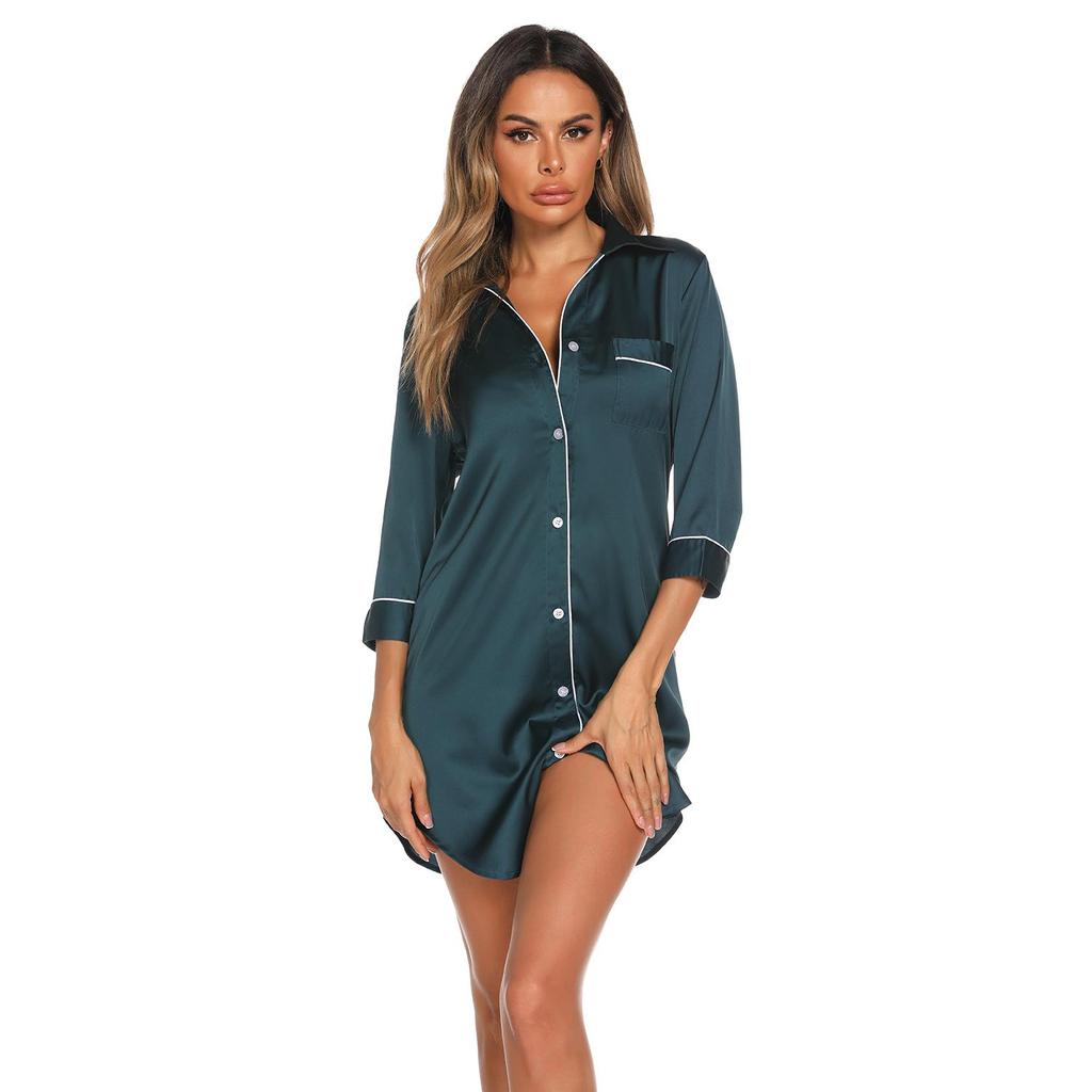 Women's Sleep Shirt Silk Imitation Long Sleeves Thin Night Shirt Ladies Pajamas Nightwear Sexy Sleepwear In Black Navy Green