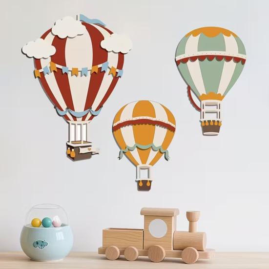 3Pcs Wooden Hot Air Balloon Wall Art Hand-Painted Rustic Hanging Decor for Bedroom Classroom Christmas Cute Nursery Ornament Boho Home Accent
