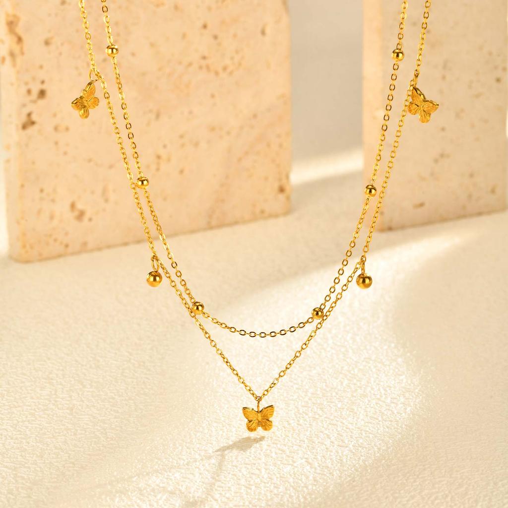 Stainless Steel Double Layer Stacked Necklace for Women,Gold Color Butterfly Bead Chain Necklaces,Trendy Jewelry Gift