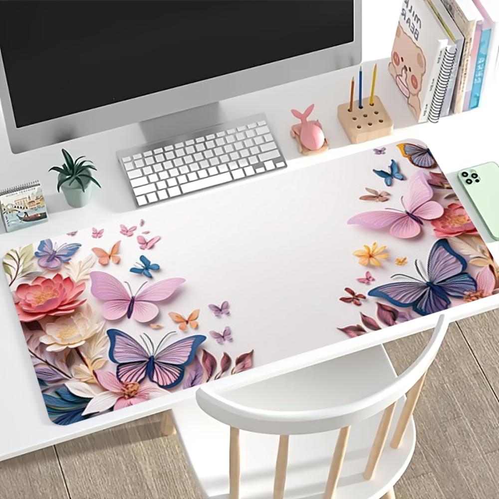 Watercolor Floral Butterfly Large Desk Mat Gaming Mouse Pad Non Slip Rubber Stitched Edge Keyboard Mat For Office Desktop Decor