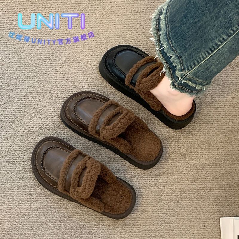 Thick-soled Birkenstocks women's outer wear fluffy slippers 2025 new autumn and winter velvet snow boots bag head half slippers cotton tow