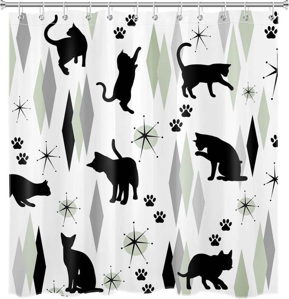 Mid Century Black Cat Shower Curtain for Bathroom Boho Sage Green and Grey Geometric Fabric Shower Curtain  Retro Cute Animal
