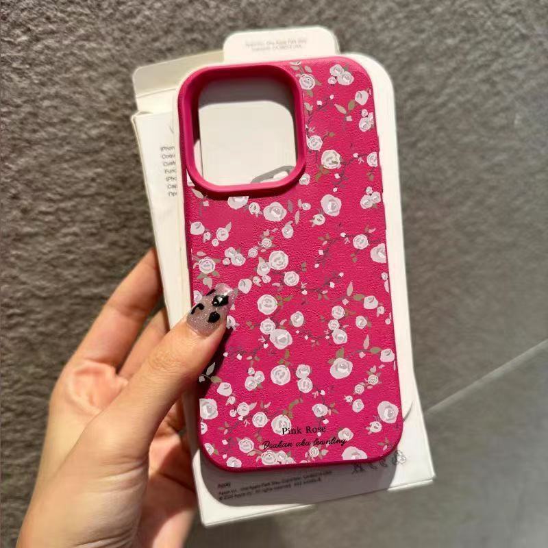 Pink small floral application Apple 17PROMAX mobile phone case 15 lychee pattern 14 cute 13 soft case 16/17
