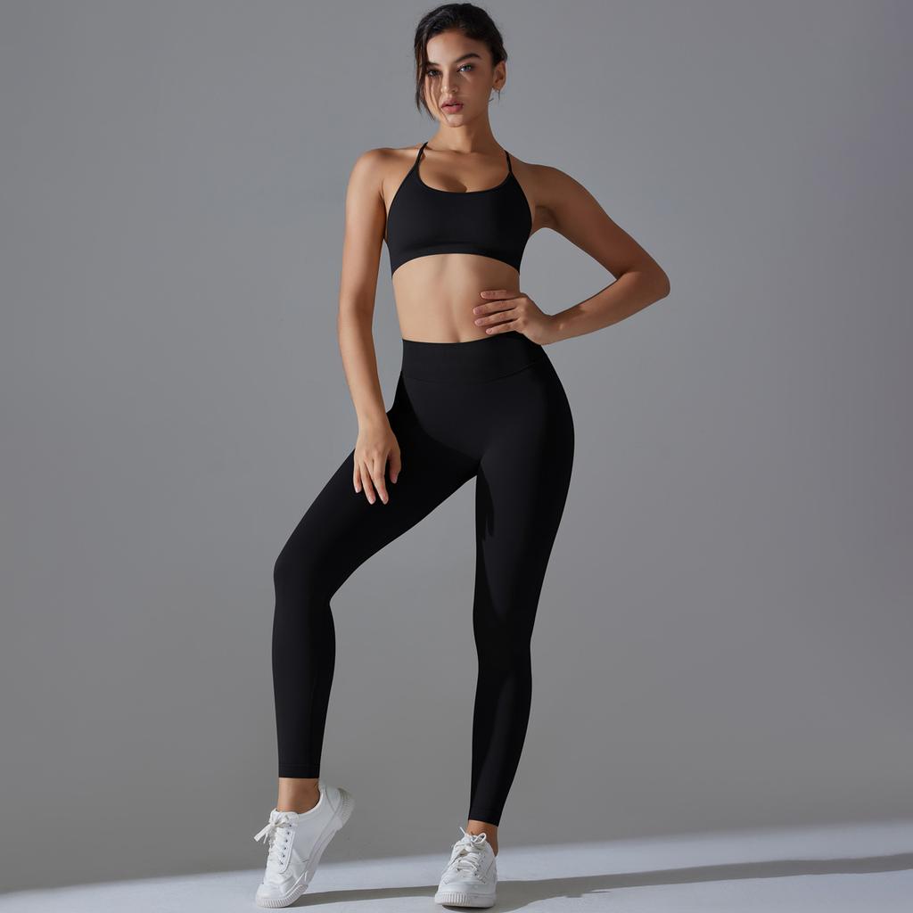New Seamless Knitted Solid Color Sexy Back Tight Fashion Back V-waist Yoga Suit Running Fitness Set