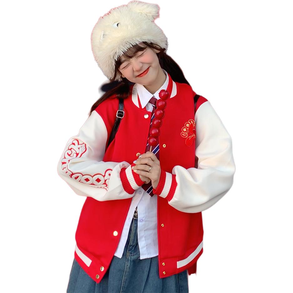 Anta Drachenjahr Serie Einreihig Dick Warm Rundhals Langarm Baseballjacke Damenjacken Tiefrot 162418708N-2