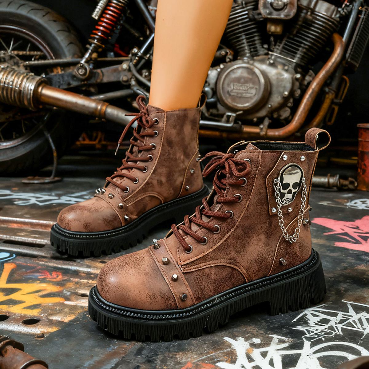 

Женские панк ботильоны на шнуровке с металлической отделкой, обувь на платформе, повседневная обувь для улицы, женские дизайнерские мотоботы с пряжкой 35