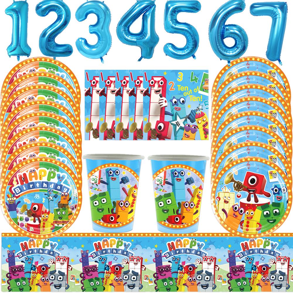Cartoon Blocked Number Theme Birthday Party Decoration Building Background Plate Cup Balloon Backdrop Photography Prop Kid Gifts