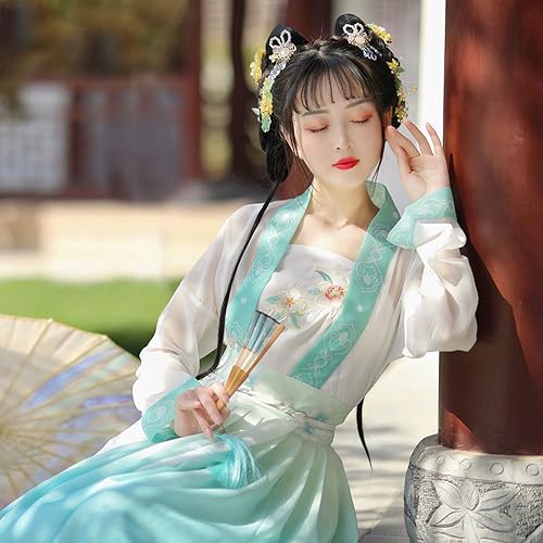 [Housaku Co., Ltd.] Ancient Hanfu Classical Beauty Elegant Chinese Court Costume Cosplay Set Tang Suit Haori Long Skirt Set (Green and Blue, L)
