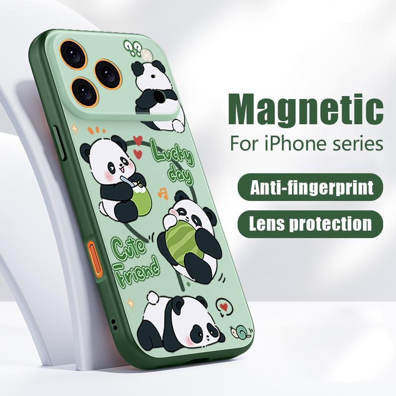 Lovely Baby Panda Pattern Case For iPhone 17 Pro Max Funda iPhone 16 15 14 13 Pro Max Magnetic For Magsafe Hybrid Slim Matte Cover