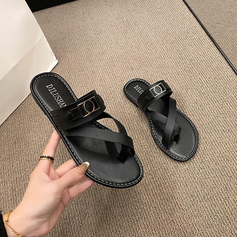 

Fashion Women Summer Sandals Comfy Ligh Flats Heel Clip-toe Slides Lady Casual Beach Slippers Fashion Belt Buckle Decor Woman Flip-flops 43 чёрный
