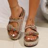 Women's Wide Width Cork Sandals, Rhinestone & Bead Platform Slides, Colorful Double Buckle Slippers for Women