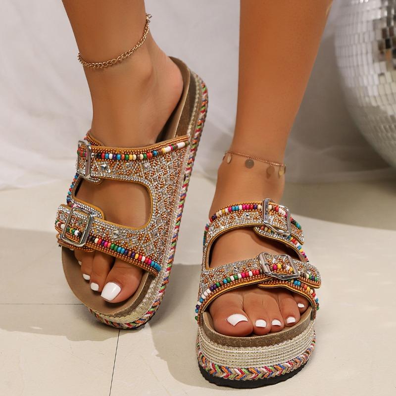 Women's Wide Width Cork Sandals, Rhinestone & Bead Platform Slides, Colorful Double Buckle Slippers for Women