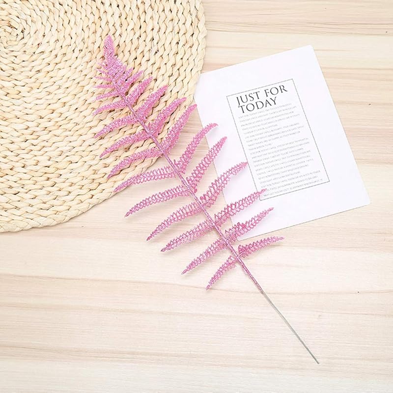 Develoo Decorative Glitter Hollow Leaf, 10pcs Artificial Fern Plant Persian Stem Leaves Christmas Spray Ornament for Holiday Party Xmas Tree Decor