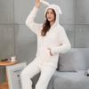 Thicken Plush Flannel Sleepwear Loungewear Winter Furry Female 2Pcs Pajamas Set Casual Cartoon Hooded Pijamas Suit Homewear