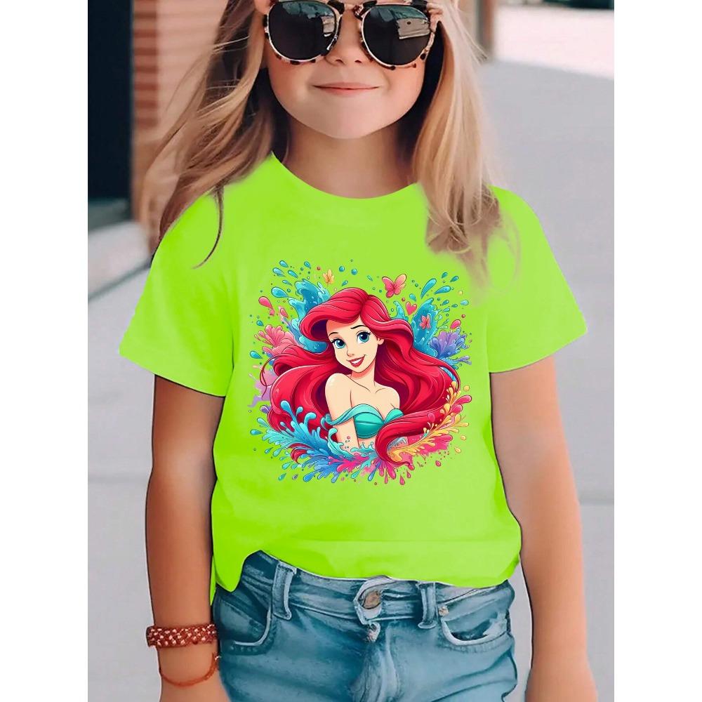 Girl Ariel Little Mermaid T-shirt Foam Print, Casual Summer Short Sleeve Round Neck Top Suitable for the Beach