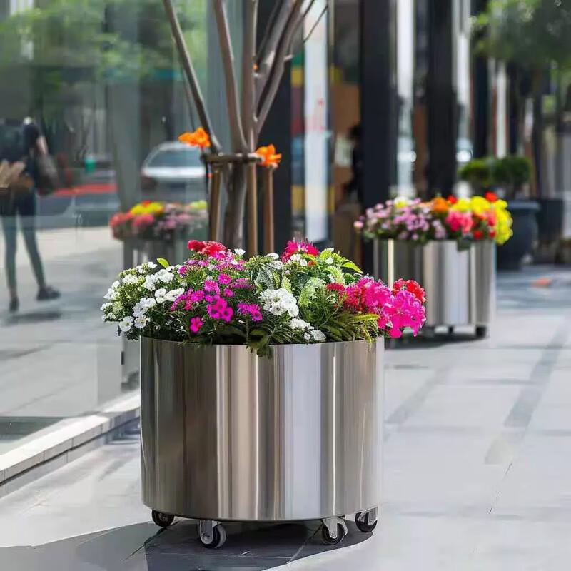 OIMG Outdoor Stainless Steel Planter Box Set with Artificial Flowers