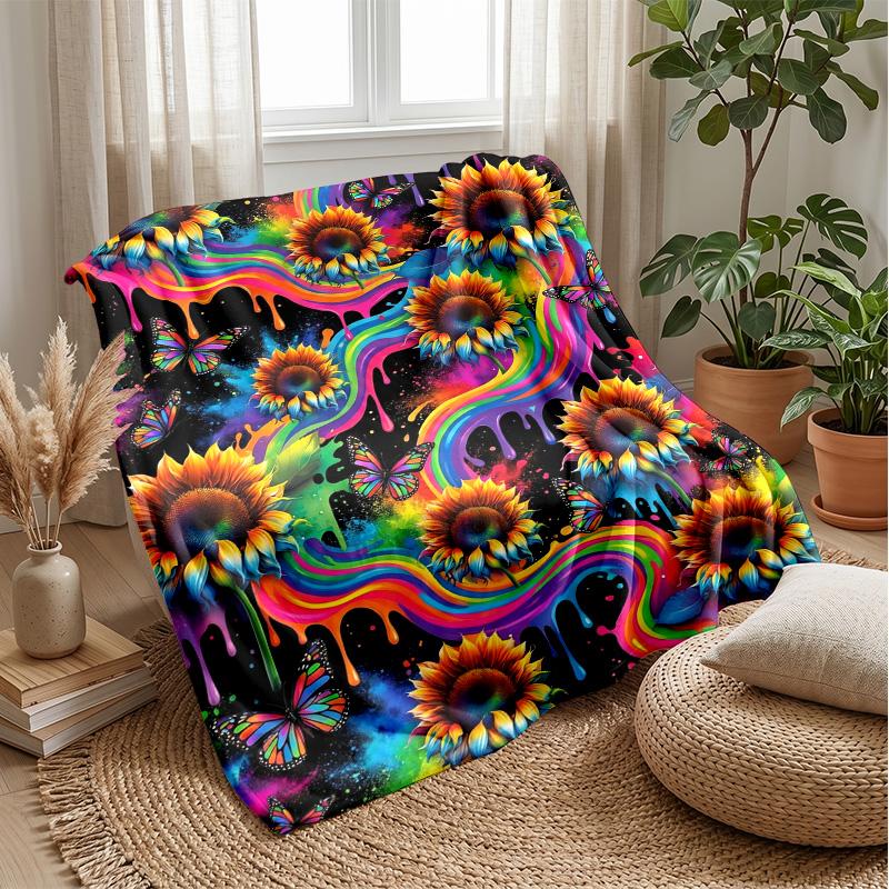 Rainbow Butterfly and Flowers Theme blanket Lightweight Warm Flannel Blanket Decorative Throw Blanket for Home Decoration