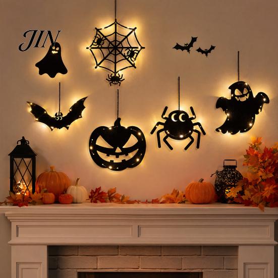 Halloween Holiday Decorations Pumpkin Hanging Decor, Non-Woven Ghost Ornament with Light String, Spooky Festive Decor Door Wall for Party Scene, Trick