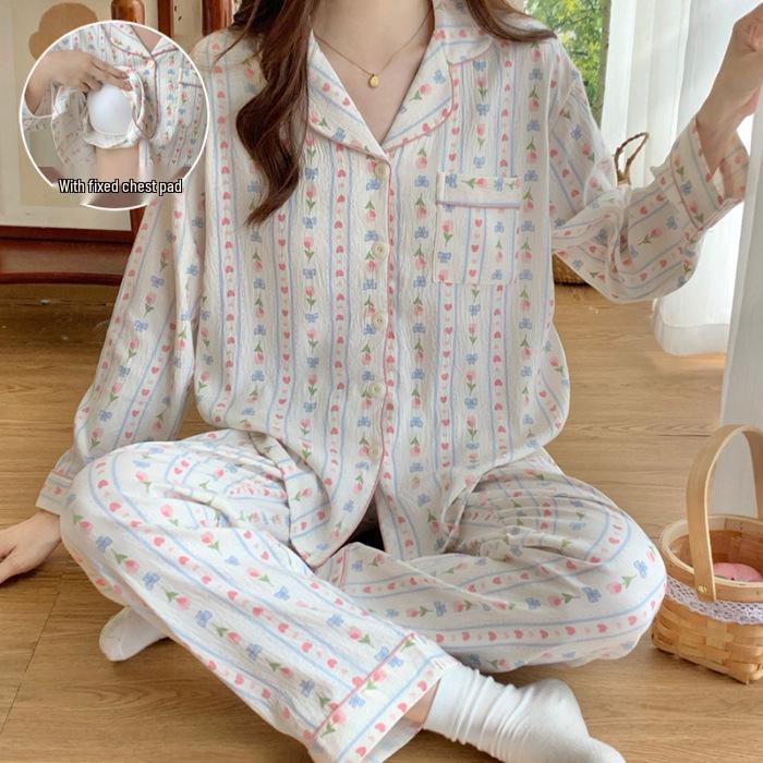Women s Cloud Cotton Cartoon Pajama Cardigan with Bra Pads Double Extra Large