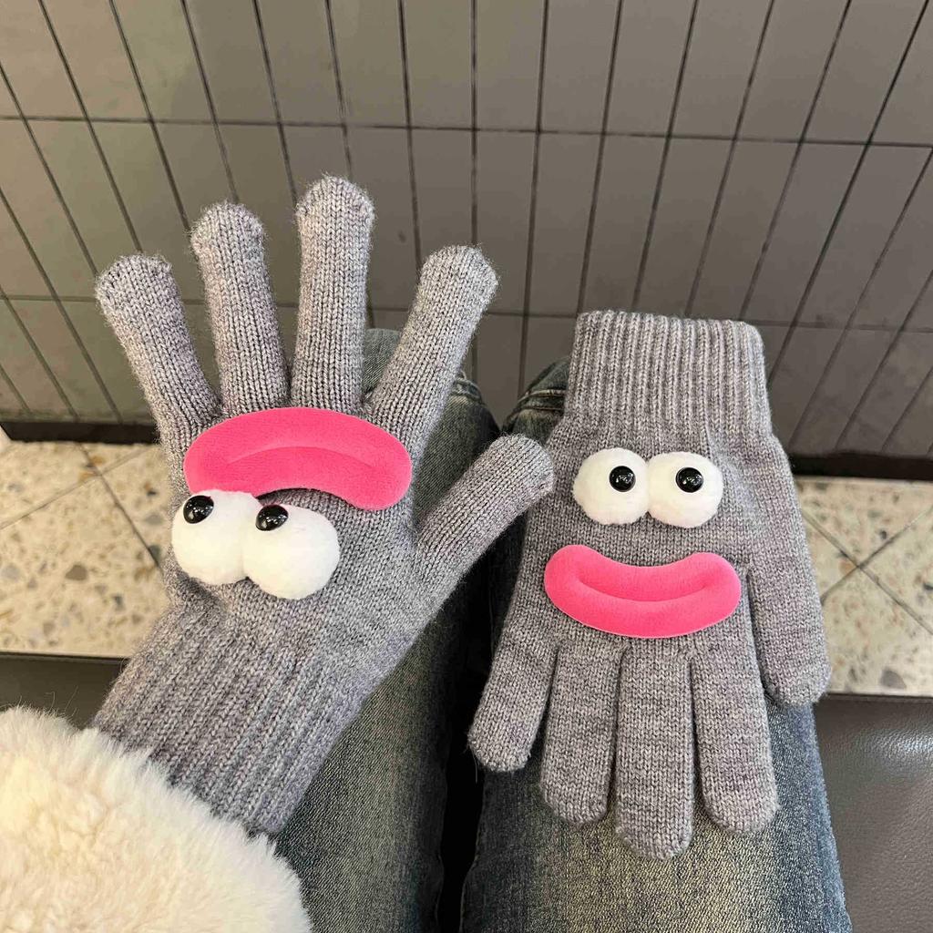 Korean Version of Funny Knitted Gloves for Women In Winter Warm and Cute Cartoon Students with Fingerless Touch Screen Split Finger Woolen Gloves