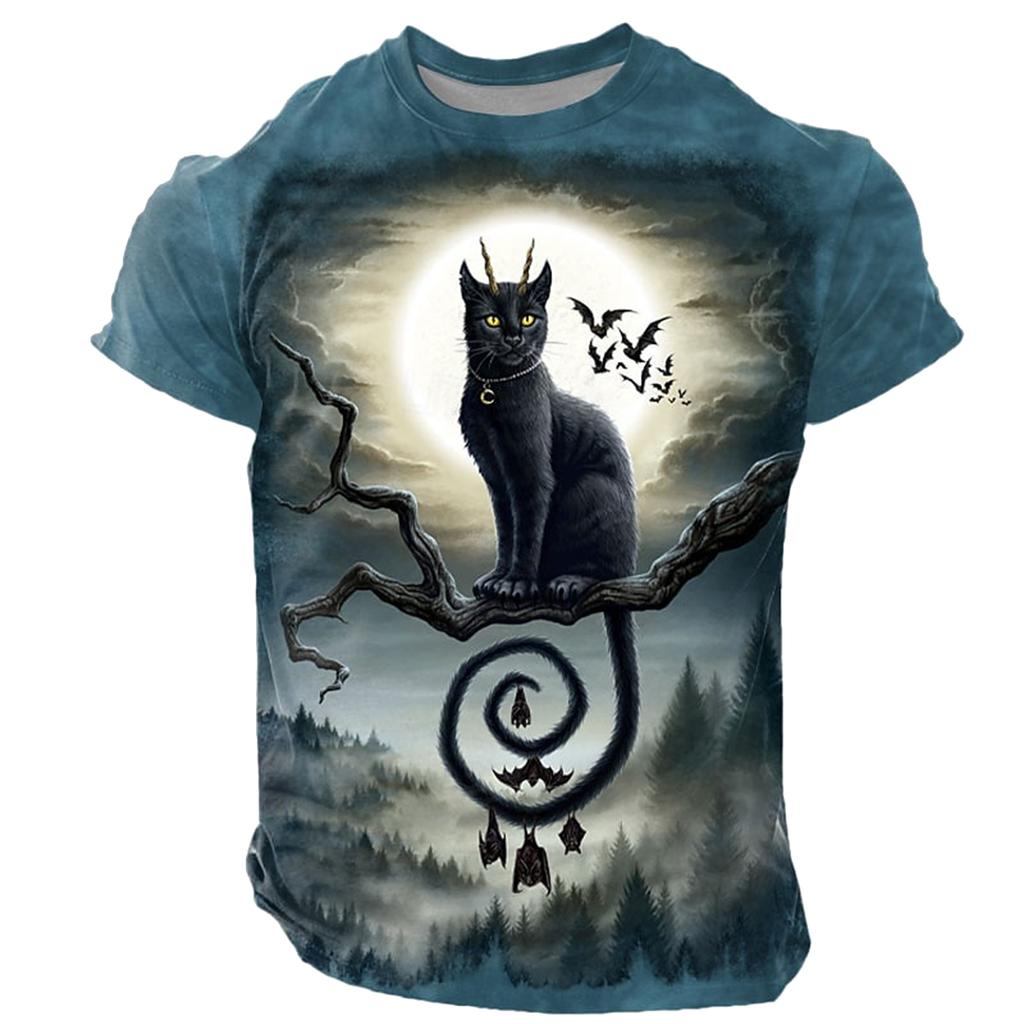 Men's Retro Halloween T-shirt 3D Black Cat Pattern Printed Summer Loose Short Sleeved Cool Casual Daily Outdoor Top