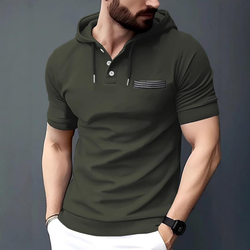 Men's Summer Hooded Polo Shirts Short Sleeve Casual Sports Plaid Pocket Solid Color Polos Men