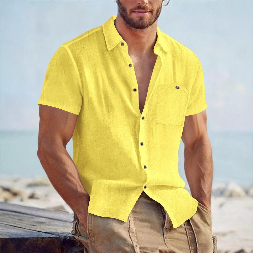 Men Solid Linen Short Sleeve Casual Turn Down Collar Loose Breathable Mens Shirt