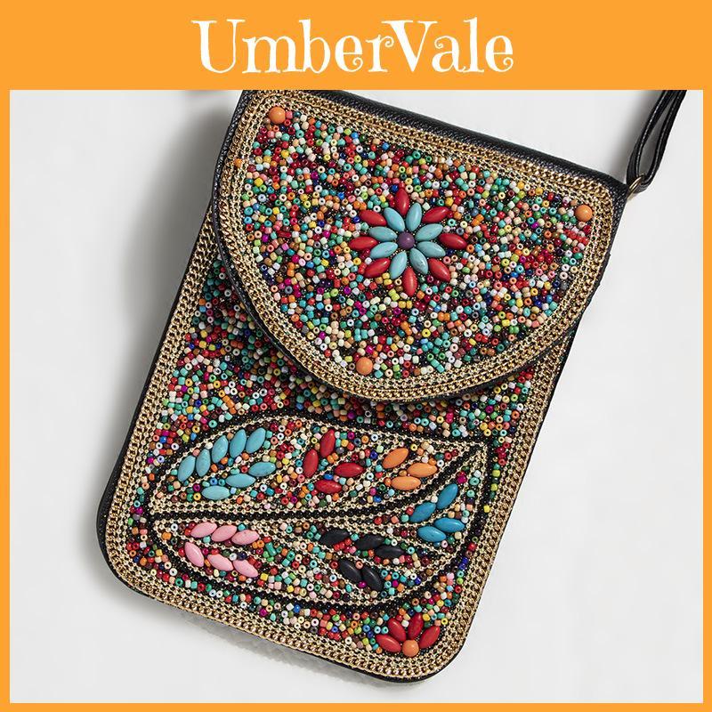 Ethnic Inspired Pu Shell Phone Purse With Magnetic Closure And Floral Design For Women