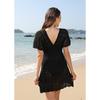 Women's Crochet Beach Cover Up Dress Deep V-Neck Smocked Waist Bikini Coverup Sheer Mesh Summer