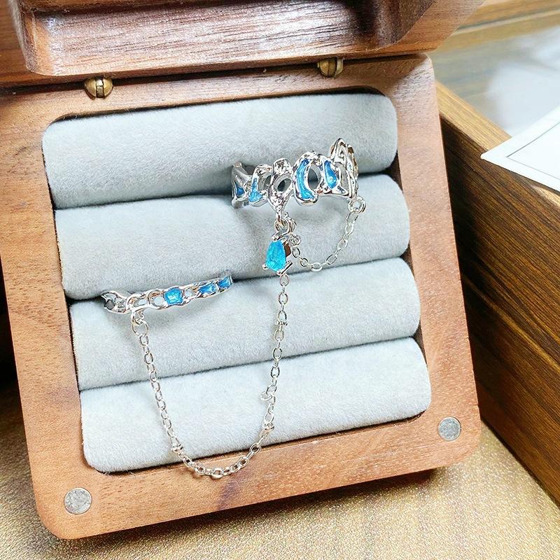 Personality Irregular Pleated Enamel Fringed Double Chain Open Ring Women S Niche Design High-End Light Luxury Ring Adjustable opening