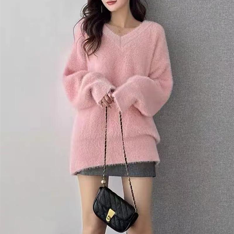 Women's High-End Korean Style V-Neck Pullover: Autumn/Winter Mink Velvet Knit Sweater