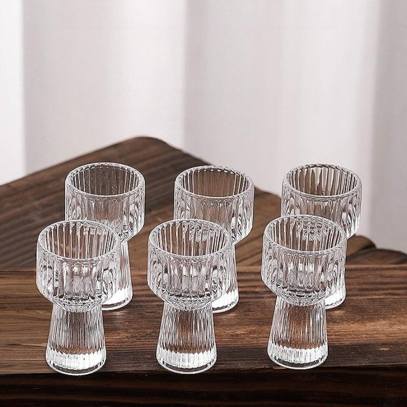 6pcs Sets Spirits Cup Transparent Small Wine Glass Exquisite Striped Wine Glass Baijiu Cup Household Drinking Cup Bar Drinkware