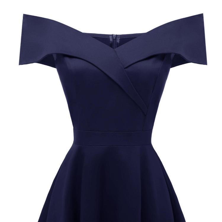 Vintage Off Shoulder Bardot Little Black Dress Women Sateen Skater Midi Prom Evening Party Cocktail Wedding Guest Classic Occasion Outfit