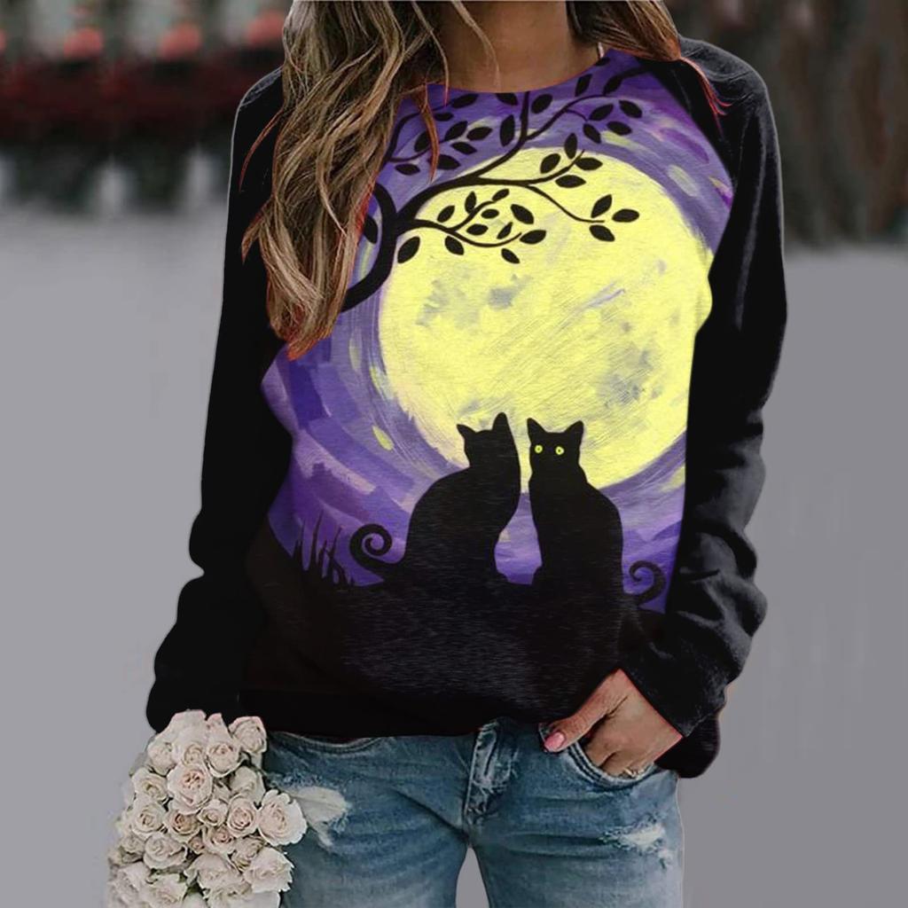 Round Neck Long Sleeved Color Blocked Women's Clothing 3D Printing Halloween Pumpkin Castle Dark Pattern Women Pullover