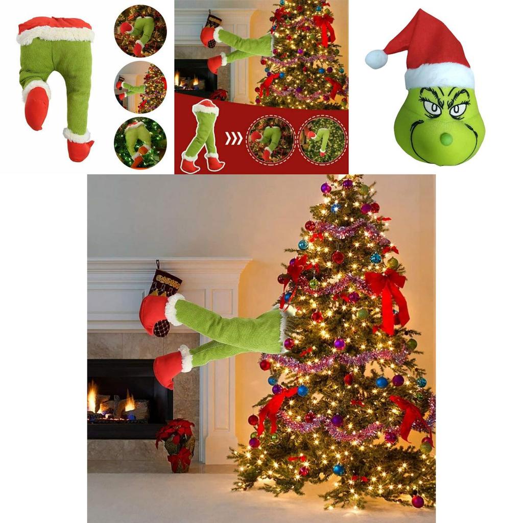 Charming Grinch Christmas Decorations Furry Green Leg And Head Tree Ornament Set
