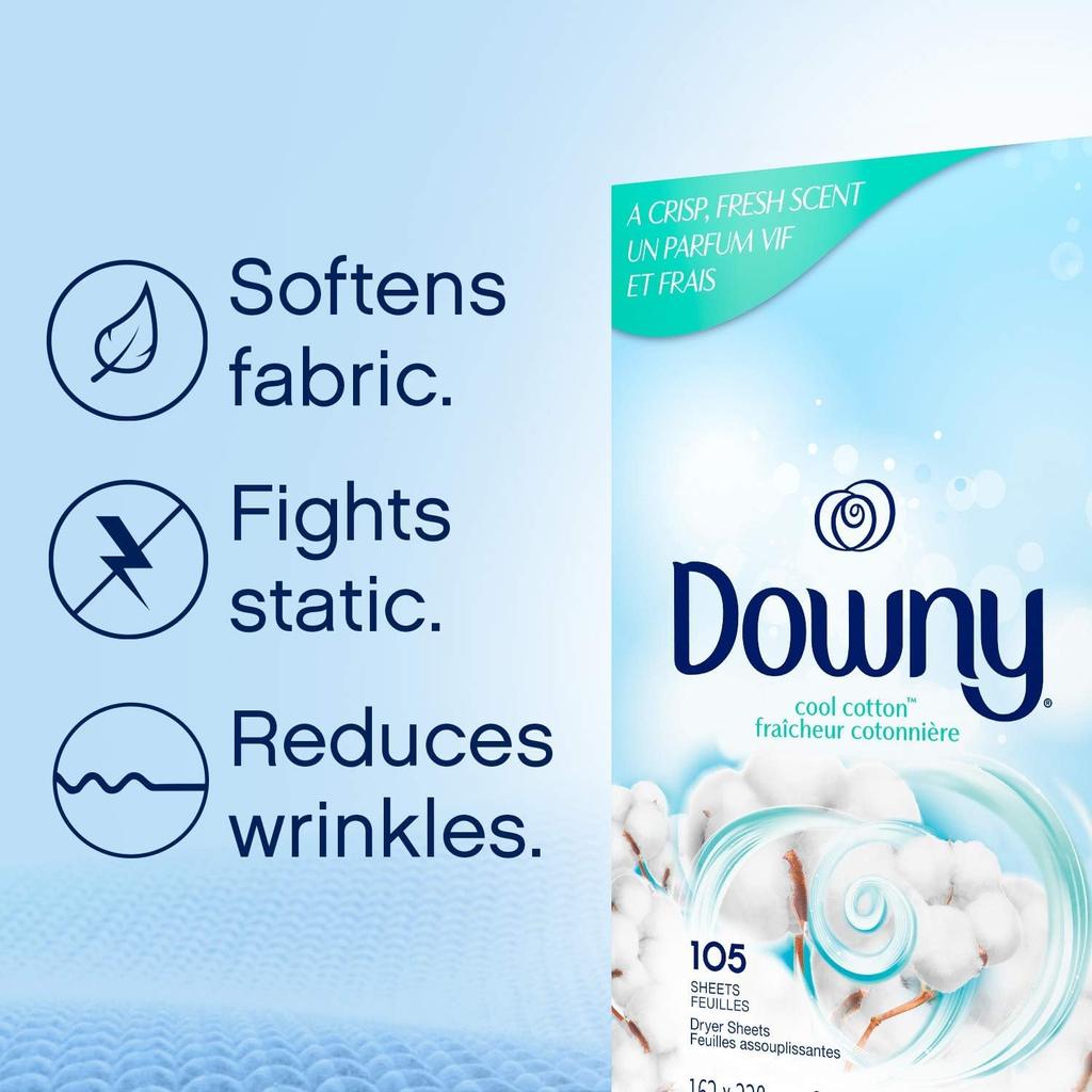 Downy Cool Cotton Fabric Softener Refreshing 240 Large Capacity Sheets, Scent, Anti-Static, Dryer-Safe, Softening, Sheets, [Product Code]