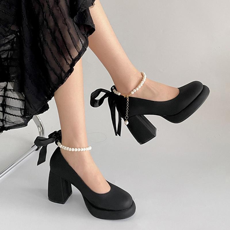Butterfly-knot Thick Heel Women Mary Jane Shoes Fashion Pearl Ankle Strap Shoes Ladies Outdoor Dress Pumps